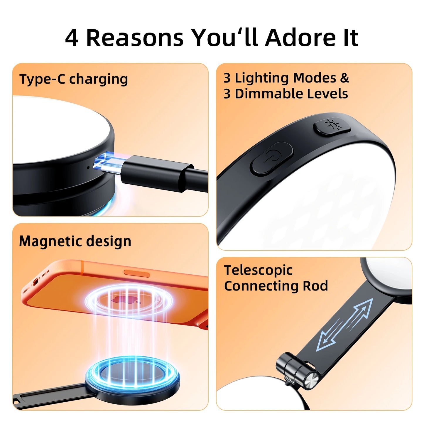 3 em 1 Magnetic Selfie Ring Light com Espelho – LED Dobrável 360°