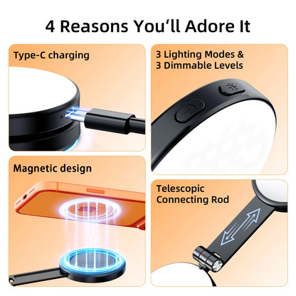 3 em 1 Magnetic Selfie Ring Light com Espelho – LED Dobrável 360°